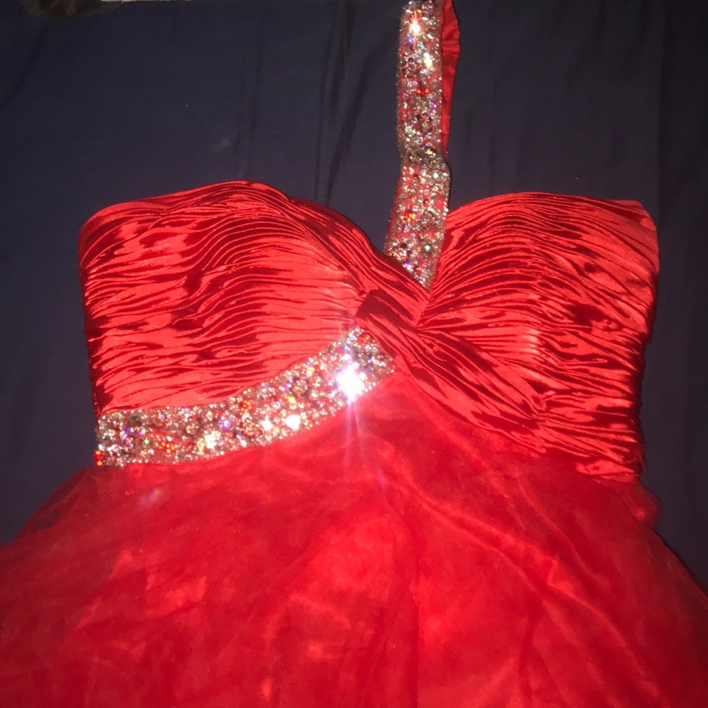 Over the shoulder, short prom dress